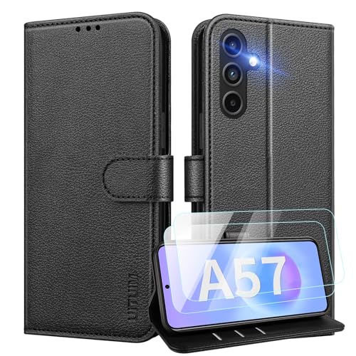 UITUIM Phone Case for Samsung Galaxy A57 5G with 2 Tempered Glass Screen Protector Leather Wallet Style Slim Stand Flip Card Holder Slots Shockproof Magnetic Phone Cover Black