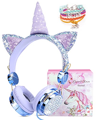 TCJJ Sparkly Unicorn Headphones for Girls Wired Headset with Mic HD Stereo Sound Foldable Over-Ear Headphones Tangle-Free Cord for School Travel Tablet-Ideal Christmas & Birthday Gift for Girls