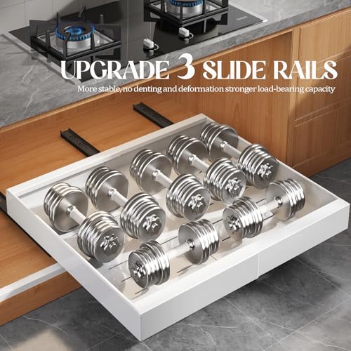 4 Pack Expandable Pull Out Cabinet Organizer 21"Deep With Raising Pad for Framed Cabinets,Upgrade 3 Slide Rails Slide Out Drawers,No Drill Roll Out Shelves,Adjustable Width 15.1"-26.3" White