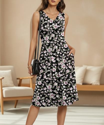 Image of NILOUFO Sleeveless Dress for Women Summer Knee Length Sundress with Pockets | Sundresses for Women Tank Empire Waist Sun Dress Cold Shoulder Casual V Neck Midi Dress Flowy Summer Dresses for Women