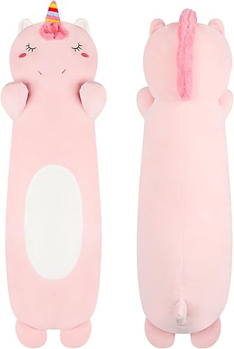 Almohada corporal de peluche de unicornio de 36 pulgadas de largo, lindos animales de peluche de unicornio rosa, almohada blanda para abrazar,