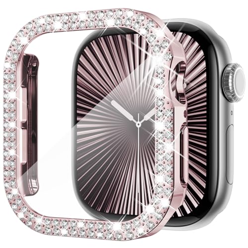 KADES Compatible with Apple Watch Series 11 10 42mm, Double Row Diamond Bling Case with Built-in Screen Protector (No Black Edge), Sparkling Rhinestone Protective Cover, Original Pink