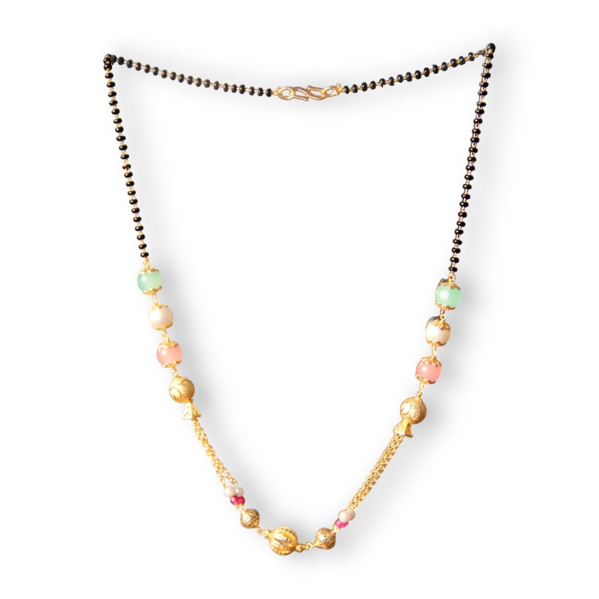 accessher Gold Plated Beaded Mangalsutra Necklace for Women | Traditional Black Bead Chain with Colorful Stones | Stylish Lightweight Jewellery for Women-picture-27