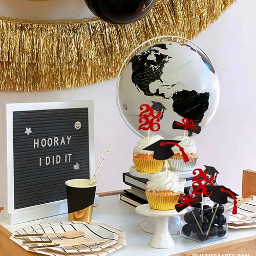 Image of Class of 2026 Red Glitter Graduation Cupcake Topper, Food /Appetizer Picks for Graduation Party (24pcs)