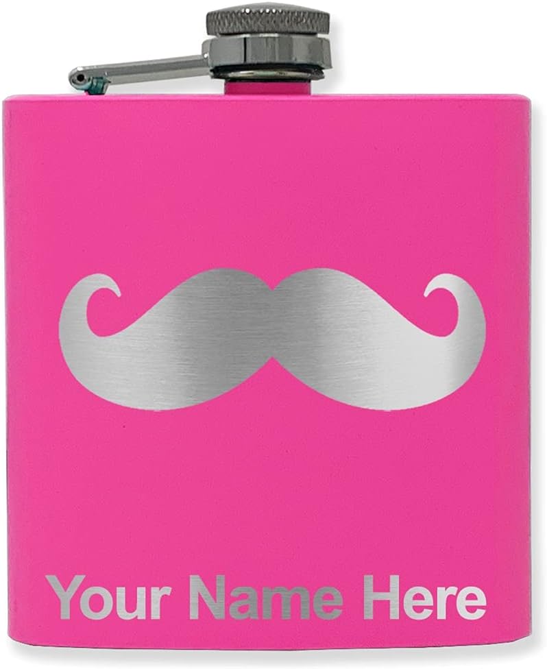 6oz Stainless Steel Flask, Mustache, Personalized Engraving Included (Stainless Steel Finish)