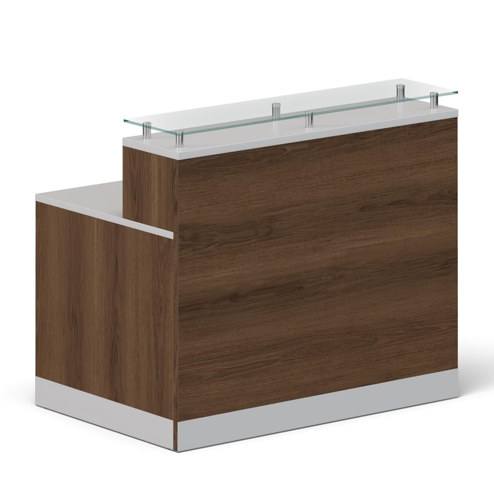 NBF Small Modern Reception Desk with Counter - 48" W x 32" D Retail Checkout Station - Front Reception Counter with 2 Grommet Holes - Countertop Lobby Desk for Office Salon Store, Walnut