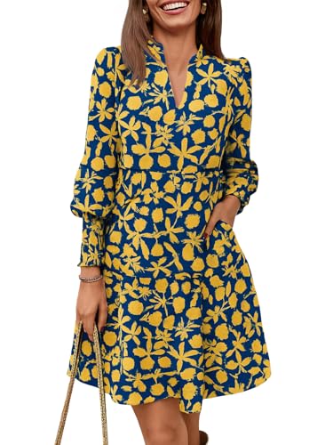 Image of Imily Bela Womens Fall Long Sleeve Tunic Dress Casual V Neck Tiered Dress | Loose,Swing,A-Line,Ruffled Collar,Puff Balloon Sleeve,Smocked Elastic Cuffs,Tiered Layered Ruffle Hem,Babydoll,Loose,Mini