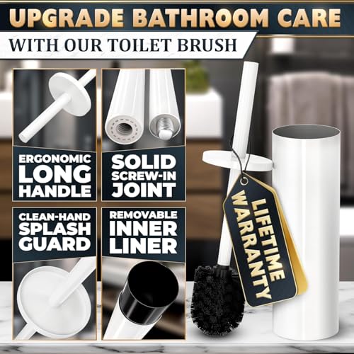 Image of Stainless Steel Toilet Brush and Holder Set White - Long Handle Toilet Bowl Cleaner Brush and Holder - Removable Inner Liner, Shiny Design, Splash Protection & Dense Bristles for Bathroom Cleaning