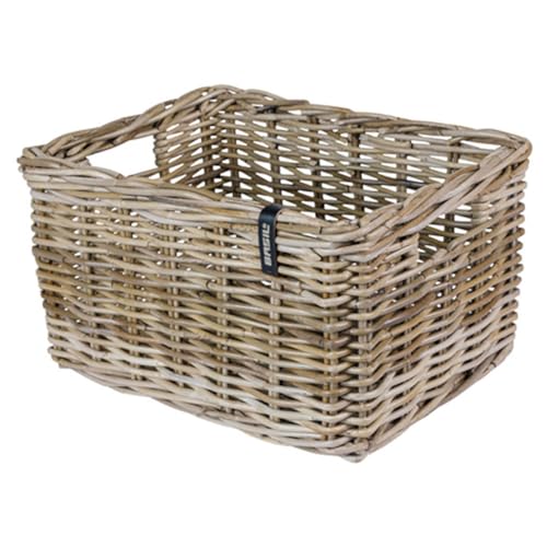 Basil DAX S Rattan Fahrradkorb, Stilvoller rechteckiger Aufbewahrungskorb für Vorderradgepäckträger, Grau, Handgeflochten, 20 l Volumen, Ideal für Damen- und Herrenfahrräder