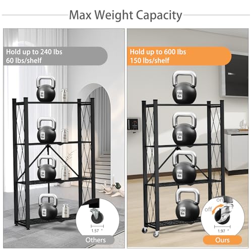 Image of 4 Tier Foldable Storage Shelf with Wheels, Metal Steel Collapsible Shelves | Heavy Duty Folding Shelf Loads 600 LBS, Rolling Standing Utility Rack for Kitchen, Pantry, Office, Black
