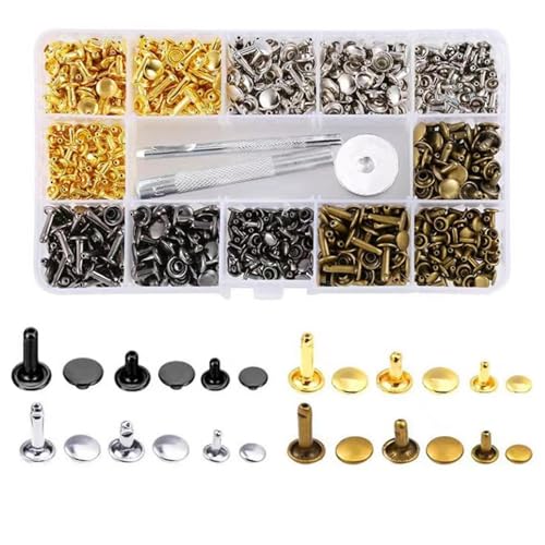 Un totale di 360 set di rivetti in pelle a doppio cappuccio sono conservati in una robusta scatola di plastica. 4 colori: oro, argento, nero e bronzo. 3 dimensioni: 6 x 6 mm, 8 x 8 mm, 8 x 12 mm. 30 pezzi per colore e dimensione. Conveniente per la conservazione quotidiana e l'uso a lungo termine.