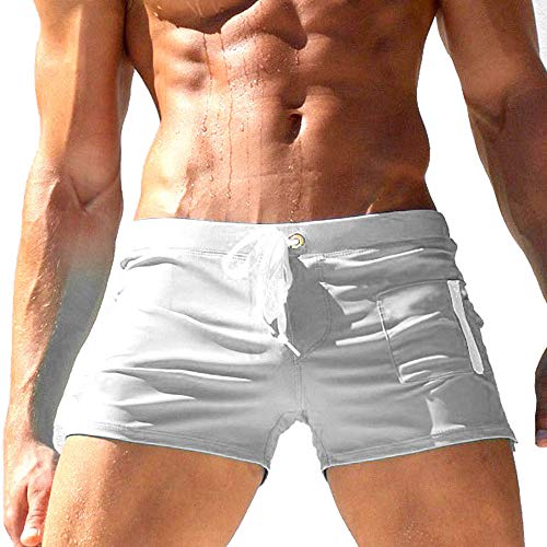 TONLEN Traje de baño corto para hombre con bolsillo con cremallera, Blanco (White #1), Small