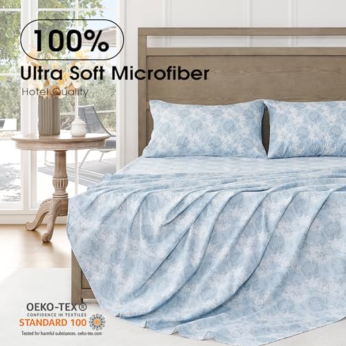 Image of FreshCulture Floral Bed Sheets - Ultra Soft Full Size Bed Sheets - Brushed Microfiber Blue Floral Sheets - Deep Pockets - Easy Care - Hotel Luxury 4 Piece Flower Printed Sheets Full, Emilia