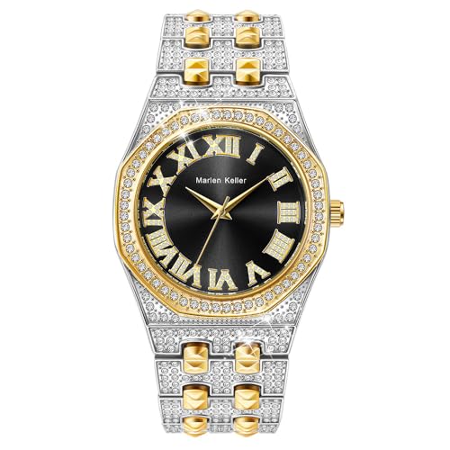 DAXIAOYU Reloj de cuarzo de lujo con diamantes completos para hombre, esfera de diamantes de imitación arábigos, relojes de negocios de moda para hombre, negro, plateado, (Silver gold black), Lujo