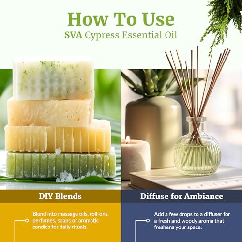 Image of SVA Cypress Essential Oil - 4 Fl Oz - 100% Natural Cypress Oil - for Diffuser, Hair Care, Face, Skin Care, Aromatherapy, Scalp and Body Massage, Soap and Candle Making - with Dropper