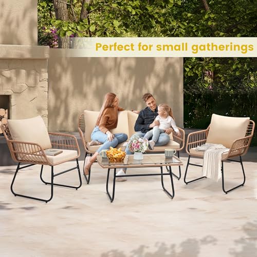 Image of Kromax 4-Piece Patio Bistro Outdoor Furniture Set, Natural /Beige | Outdoor All-Weather Wicker Furniture Chairs and Side Table Set, Ideal for Balcony, Porch and Backyard