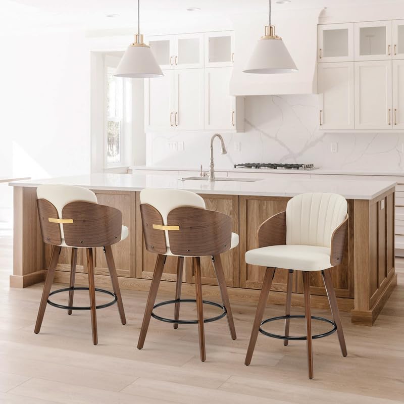 Counter Height Bar Stools Set of 3, Swivel Bar Stools with Back and Arms Faux Leather Barstools Upholstered Mid Century Counter Stools for Kitchen Island, 26 Inch Beige - Amazon product rated Grade C
