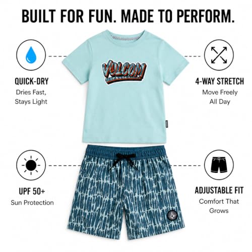 Image of Volcom Baby Boys Swim Set - 2 Piece Short Sleeve Swim Shirt Graphic Tees & Board Shorts - Infant Toddler Little Boys Swimsuit