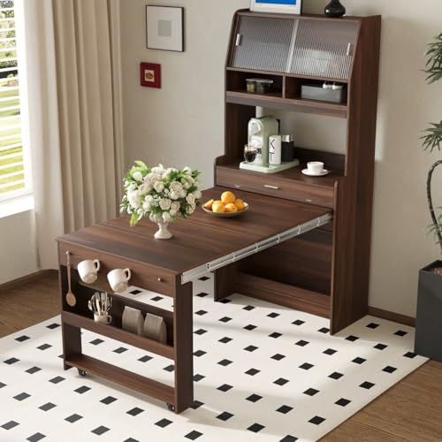 JIJIWANG Compact 33.5x15.7x69inch 2-in-1 Design Buffet with Hutch and Foldable Dining Table, Multifunctional Cupboard with Storage Shelf and Side Hooks for Small Places,Studio, Apartment, Walnut