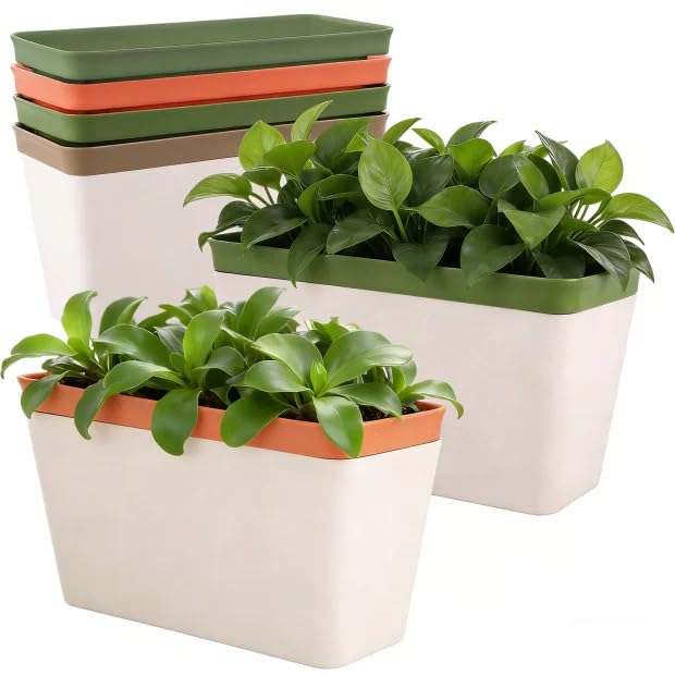 APACALI 6 Pack Self Watering Plant Pots Indoor, 26cm Windowsill Planter with Visual Water Level Window, Indoor Herb Planter, Rectangular Planters for Garden Balcony Windowsill, Green/Brown/Orange