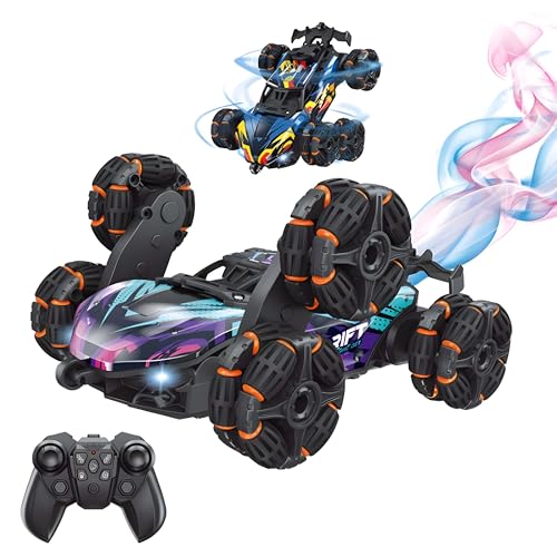 Image of Cable World 6-Wheel RC Stunt Drift Car with Spray Mist, LED Lights & 360 Rotating Arms | 2.4GHz Remote Control Alloy Racing Car | Rechargeable Battery Toy for Boys & Girls Age 6+ Years