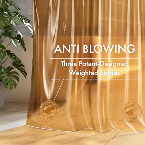 Image of AmazerBath No Hook Shower Curtain and Liner 3-in-1, 8G Luxury Heavy Duty Clear Orange No Hook Shower Curtain Liner, 72x75 Cute EVA Bathroom Weighted Plastic Shower Curtain with 3 Heavyweight Stones