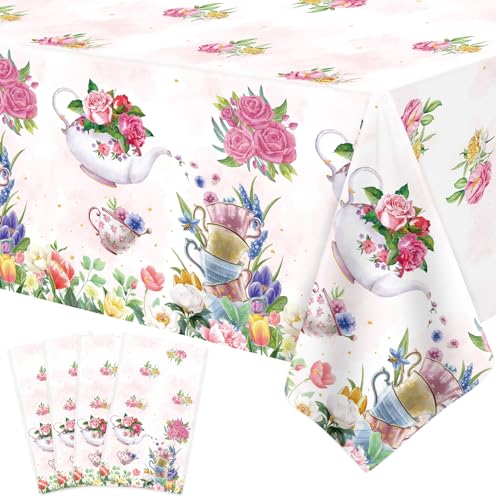 Inspireyee 4 Pack Tea Party Decoration Floral Tea Tablecloth Floral Birthday Supplies 86” x 51” Rectangle Plastic Spring Disposable Flower Party Table Cover Baby Shower Birthday Decorations