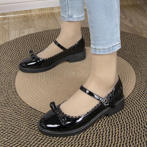 Women's Platform Mary Jane Pumps with Bow Closed Round Toe 1.2 Inch Low Chunky Block Heels for Women Black Patent Leather Dress Oxfords Shoes4