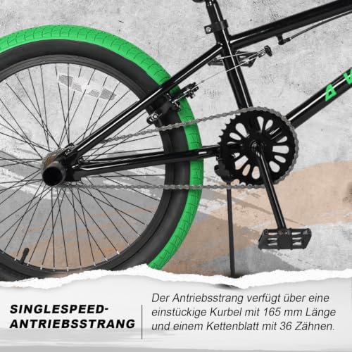 AVASTA 20 Zoll Freestyle Jugend BMX Fahrrad Kinder Fahrrad für 6 7 8 9 10 11 12 13 14 Jahre alt Jungen Mädchen Junge Erwachsene und Anfänger-Level-Fahrer mit 4 Peg, 360 Grad Gyro, Schwarz & Grün