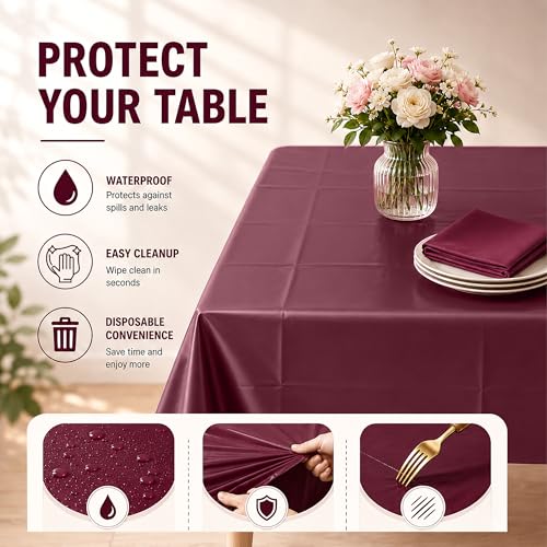 Image of WNINK 2 Pack Burgundy Disposable Plastic Tablecloths, Waterproof Rectangle Table Covers 54 x 108 Inch, Party Tablecloth for Birthday Party, Baby Shower, Wedding, Holiday and Event Decorations