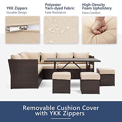 Image of U-MAX 7 Pieces Patio Furniture Set with Waterproof Cover, Outdoor Sectional Sofa Conversation Set, All Weather Wicker Rattan Dining Table & Chair with Ottoman, Brown Rattan&Khaki Cushion