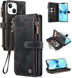 Vofolen for iPhone 13 Case Wallet Case with Card Holder Slots Leather Case Flip Stand Case Wristlet Zipper Magnetic Closure Shockproof Protective Case Cover for iPhone 13 Phone Case-Black