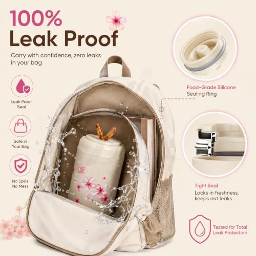 Image of Insulated Stainless Steel 1060ml Lunch Box with 350ml Tumbler | Leakproof Hot Cold Food Container | BPA-Free Cute Tiffin Box for Kids, School, Office, Travel, Picnic (Pink Cherry Blossom Floral)