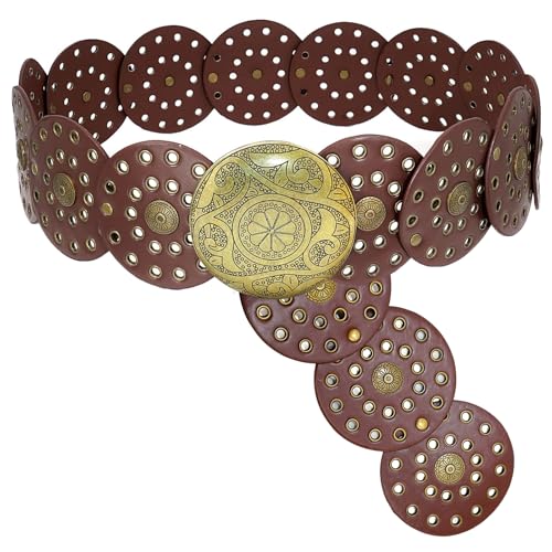 Western Wide Disc Belt for Women: Brown Leather Hollow Out Round Chunky Concho, Boho Waist Belt for Dresses & Cowgirl