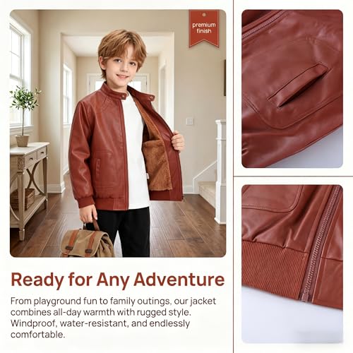 Image of Boys Trendy Stand Collar PU Leather Moto Jacket - Winter Warm Lined Coat with Zipper Closure for Kids (Age 3-12)