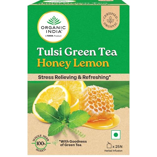 Image of ORGANIC INDIA Tulsi Green Tea Honey Lemon - 25 Tea Bags, Refreshing Blend with Tulsi, Green Tea, Lemon & Honey Flavors, Naturally Sourced Ingredients, Staple-Free Bags Certified Organic