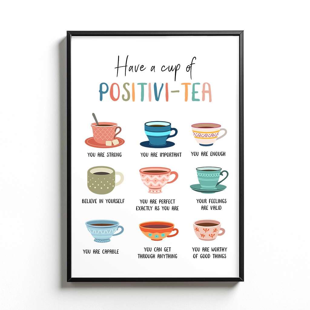 InkTitis Have A Cup Of Positivi-Tea - Self Affirmation Poster - Mental Health - Vintage Tea Wall Art - Daily Affirmations - Positive Self Talk - Therapist Gift, 11”x17”, White
