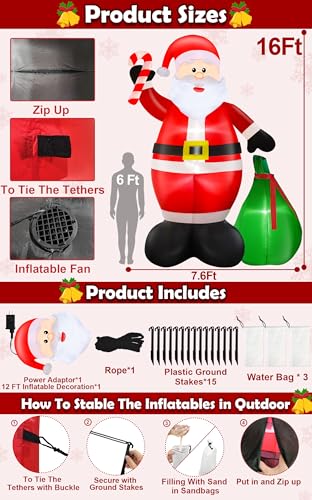 12 Ft by 7.6 Ft Giant Christmas Inflatables Decorations Outdoor Santa Claus with Gift Bag with LED Light for Christmas Blow Up Yard Decor for Lawn Garden Party Holiday Xmas Decorations Cute Fun