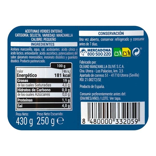 Hacendado Olives Vertes Entières Manzanilla avec Noyaux, 430g PACK6, Conserve de Qualité Supérieure, Origine Espagne, Petit Calibre