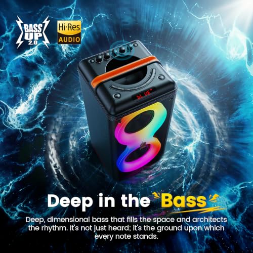 Image of JYX 240W Trolley Party Speaker, 12 Hours Playtime with 2 UHF Wireless Mics, Bluetooth v5.3, Karaoke Party Box, TWS, 6.35mm Guitar Mic Inputs & AUX USB Type-C Port, RGB LED Lights (Black)
