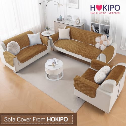Image of HOKIPO Quilted Sofa Cover 6 Seater Set - Washable 3+2+1 Sofa Panel for Seat & Back | 'Quilt Classic' Golden (IN-927+926+925 * 2-GLD)