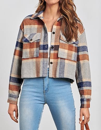 CFLONGE Women's Casual Jacket Coats Button Down Corduroy Cropped Shacket Plaid Long Sleeve Flannels Shirts for Women Jackets2