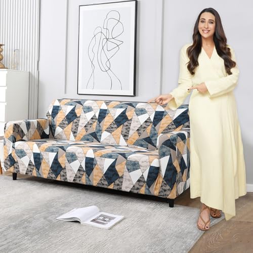 Image of HOKIPO Elastic Stretchable Triple Seater Sofa Cover, Multicolor Geometric Print (AR-4095-D3,Polyester,Multicolor)