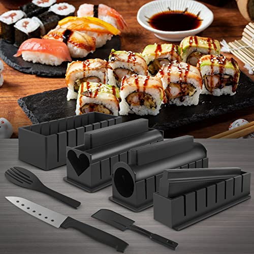 SKYSER Sushi Maker set, 20 Artikel Kit für Anfänger zum selber machen, Kann als Sushiteller verwendet werden mit Reis Roll Formen, Gabel, Messer, Rolling Matte, Stäbchen, Komplett(Schwarz) 2