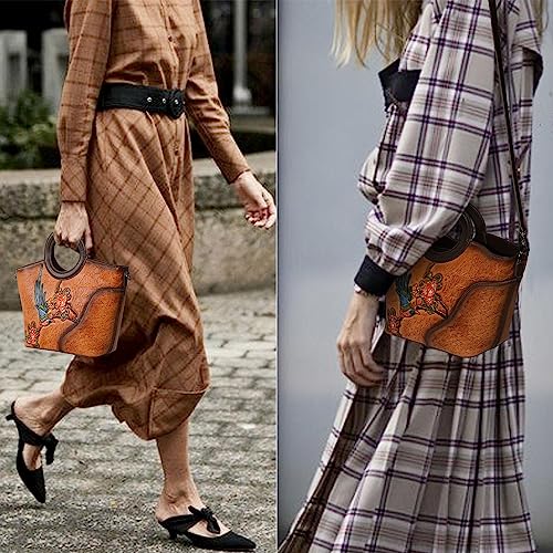 Image of Genuine Leather Satchel for Women Top Handle Bags Handmade Purse Vintage Embossed Leather Crossbody Handbags Hobo Bag