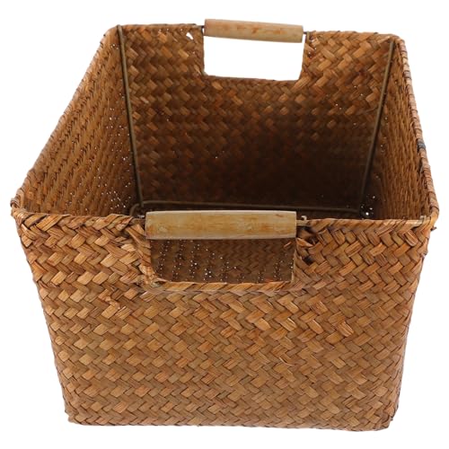 SHINEOFI Canasta Tejida con Asas de Madera Doble Cesta de Almacenamiento Rectangular Mediana para Organización de Juguetes Cosméticos y Objetos Varios Escritorio y Hogar