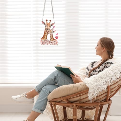 Image of AiYuanzsh DIY Acrylic Diamond Painting Hanging Kits, Love Giraffes Special Shape Diamond Rhinestone Round Diamond Art Hanging, Window Decorations Home Garden Wall Hangings Valentine's Day Gifts