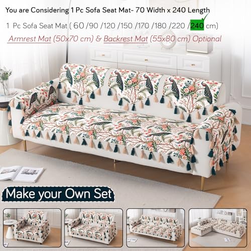 Image of HOKIPO Sofa Cover Mat with Tassel for 1 /2 /3 Seater & L Shape Sofa | DIY Sofa Cover Set | Printed Holland Velvet | 'Whispers of Nature' | 70(W) x 240(L) cm | Multicolor Tropical Peacock (IN-1124-D1)