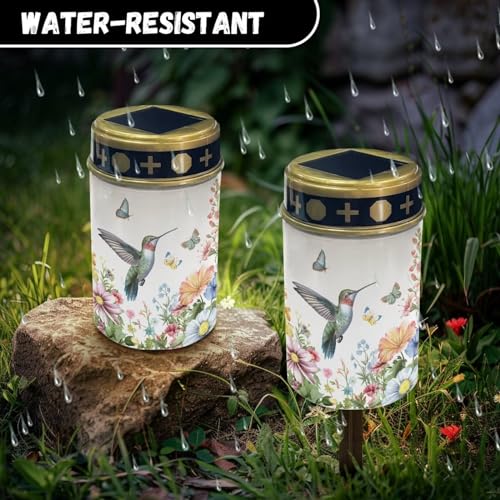 Image of Hummingbird Cemetery Solar Lights Water Resistant LED Flameless Candle Grave Lights Solar Powered Grave Decor Memorial Gift Outdoor Garden Decor Light for Prayer 2 Pcs