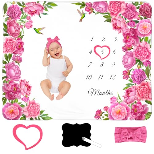 Image of KEMINA BLANKETS Floral Baby Milestone Blanket for Girls - Includes Headband, Frame, and Personalized Board, Monthly Milestone Blanket for Baby Girl, 50x40